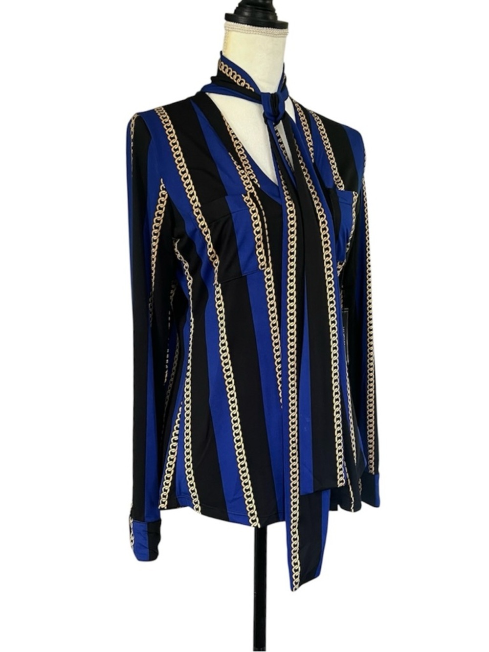 NWT MaxSport Chain Print Pattern Neck Tie Long Sleeve Cobalt Blouse Size Medium - Picture 5 of 13